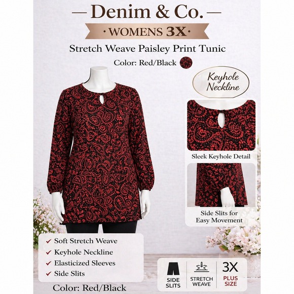 Denim&Co Tops - Denim & Co Womens 3X Stretch Weave Paisley Print Tunic Red Black A235246